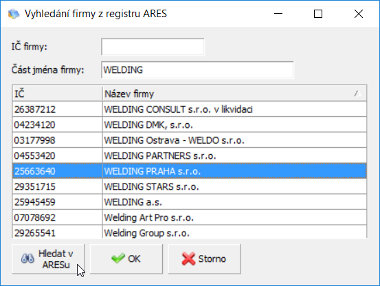 obr. 3 - vyhledání firmy v registru ARES