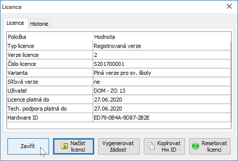 obr. 4 - informace o licenci po registraci