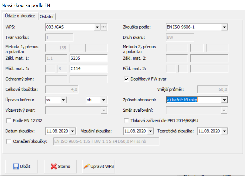 obr. 5 - nastavení parametrů zkoušky podle EN 287-1