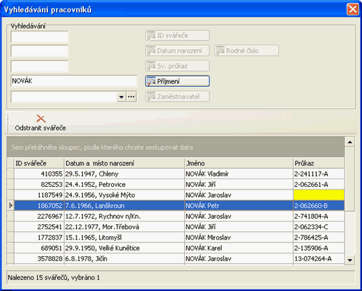obr. 6 - vyhledání svářeče ze seznamu