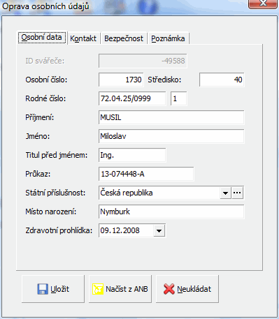 obr. 7 - osobní údaje svářeče