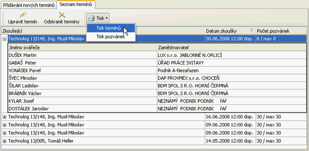 obr. 5 - seznam zadaných termínů