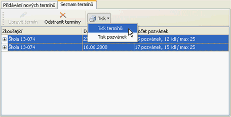 obr. 4 - seznam zadaných termínů
